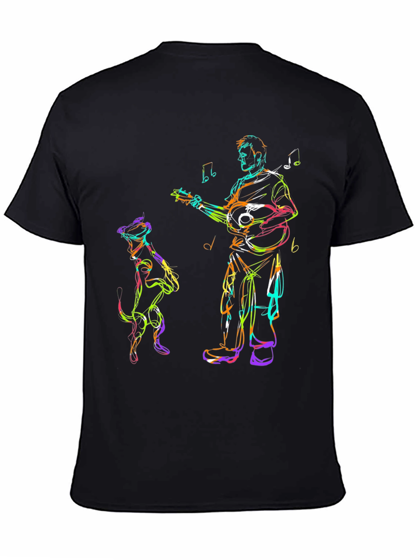 Musician Dog Sketch Black T-Shirt