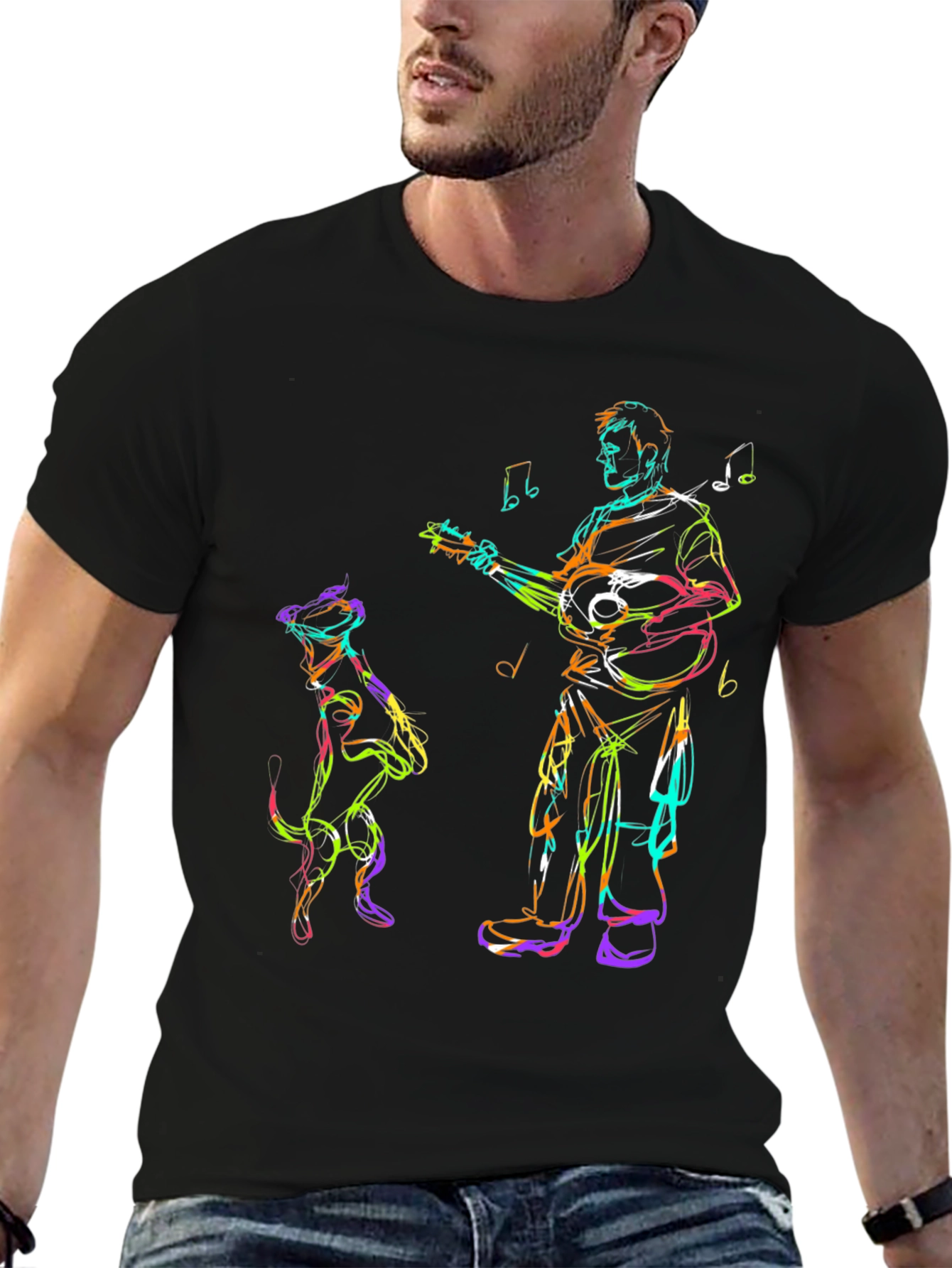 Musician Dog Sketch Black T-Shirt