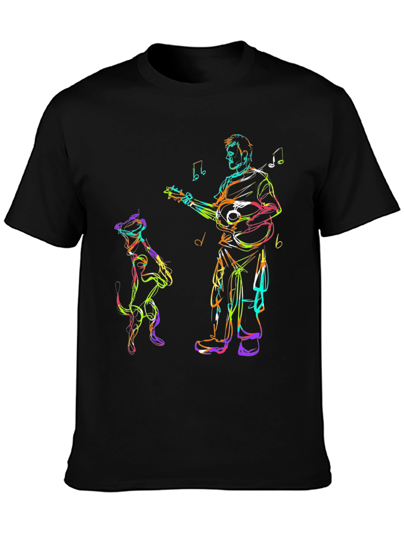 Musician Dog Sketch Black T-Shirt