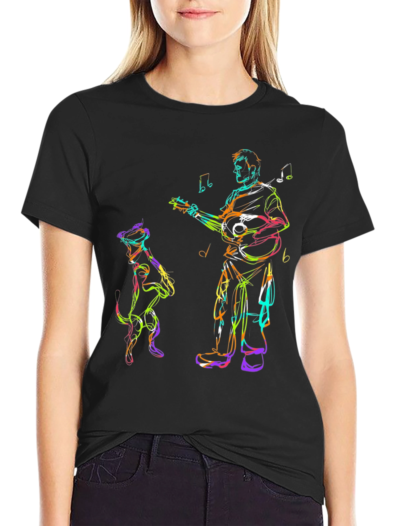Musician Dog Sketch Black T-Shirt
