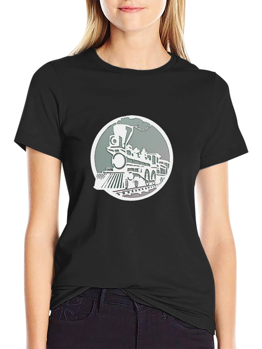 Vintage Train Graphic Tee - Classic Black Cotton T-Shirt