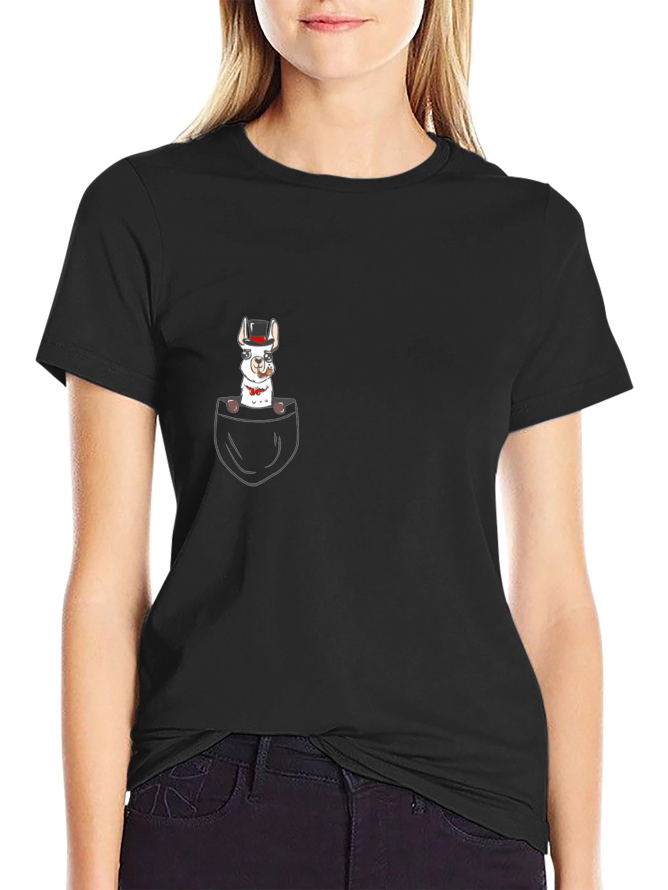 Llama in Pocket Graphic Tee - Black Cotton T-Shirt