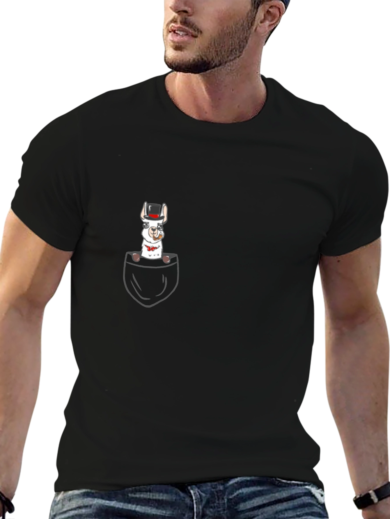 Llama in Pocket Graphic Tee - Black Cotton T-Shirt