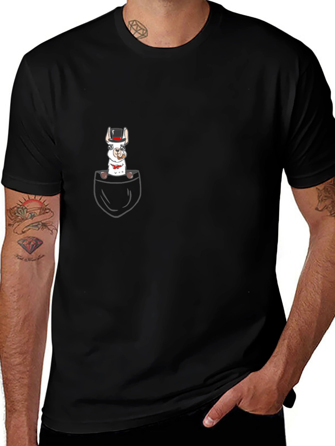 Llama in Pocket Graphic Tee - Black Cotton T-Shirt