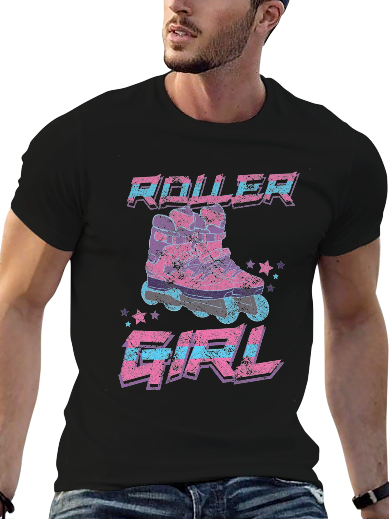 Roller Girl Retro Graphic Tee - Black Cotton T-Shirt