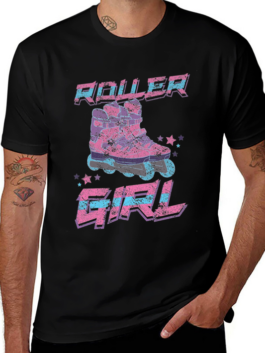 Roller Girl Retro Graphic Tee - Black Cotton T-Shirt