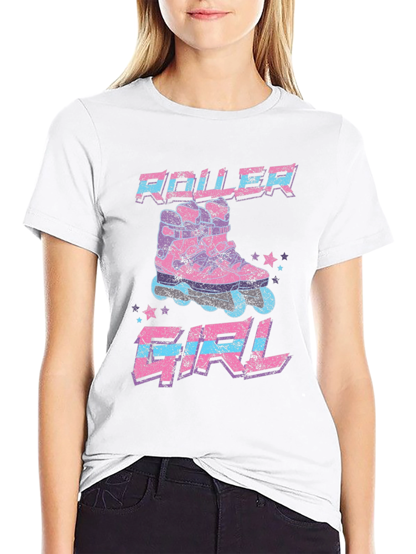 Roller Girl Retro Graphic Tee - Black Cotton T-Shirt