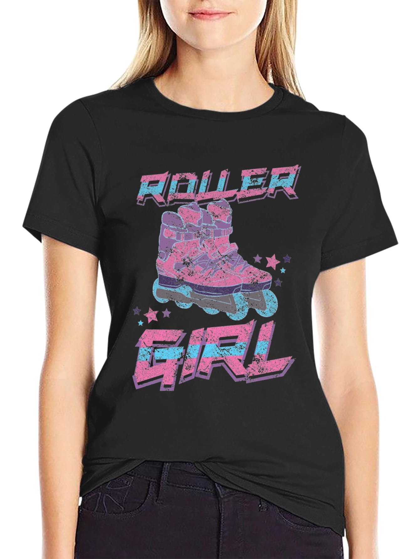 Roller Girl Retro Graphic Tee - Black Cotton T-Shirt