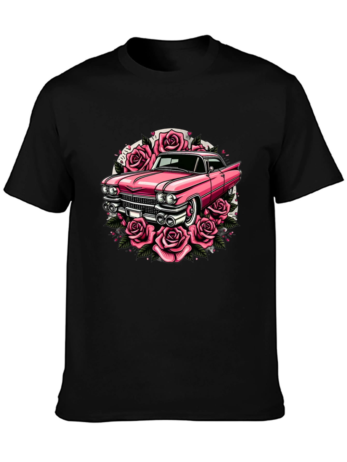 Retro Car & Roses Graphic T-Shirt - Classic Style