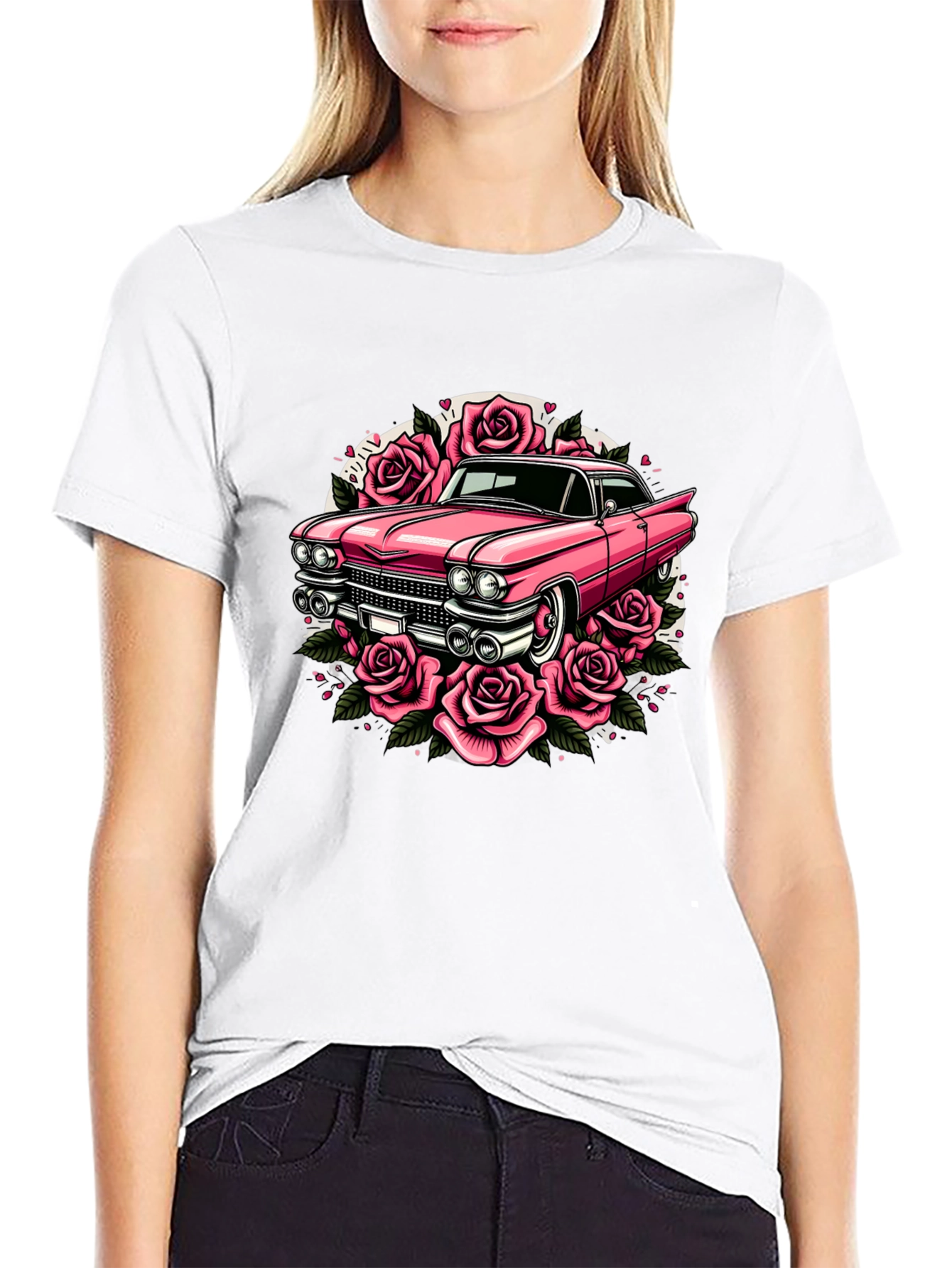 Retro Car & Roses Graphic T-Shirt - Classic Style