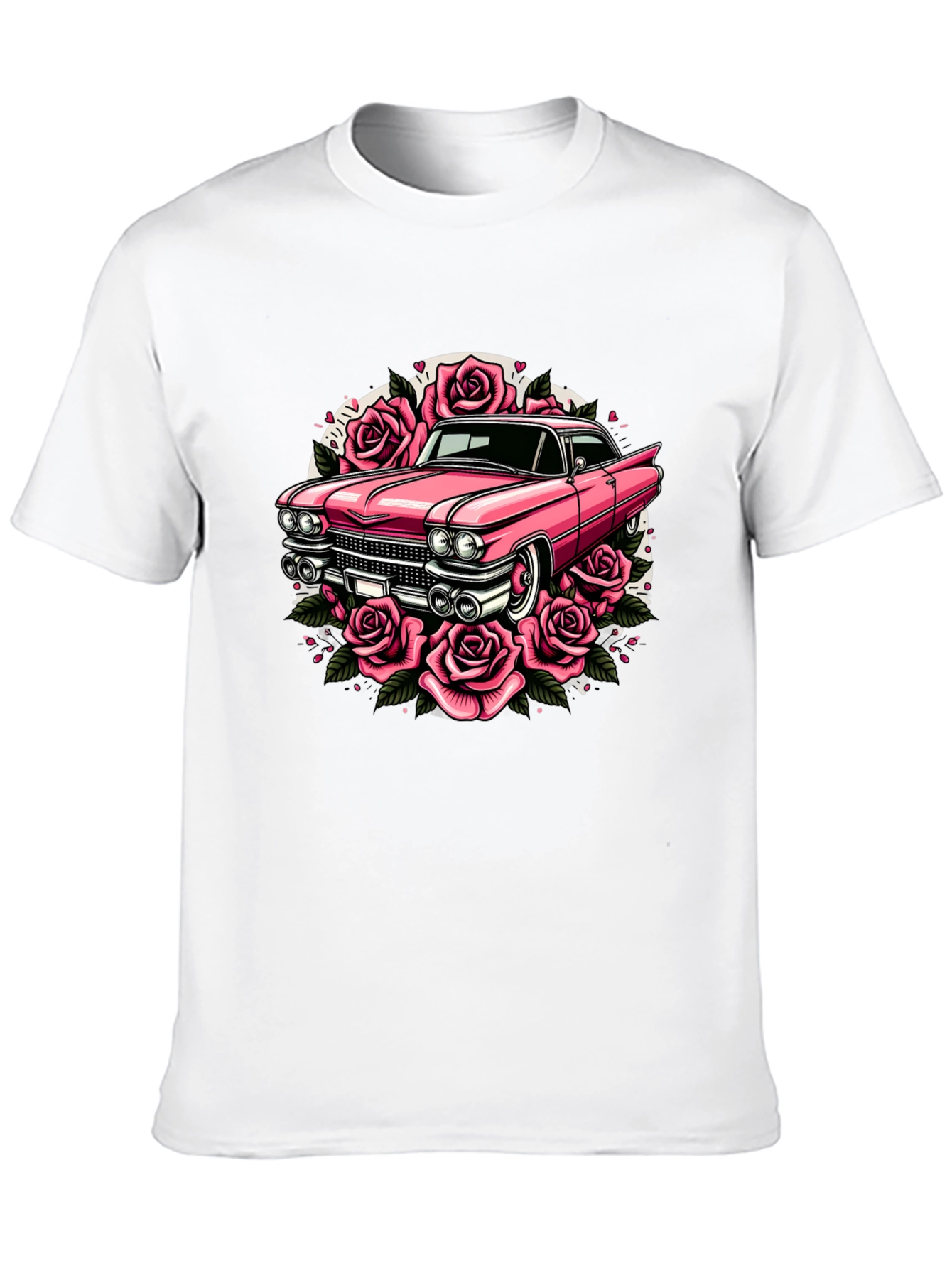 Retro Car & Roses Graphic T-Shirt - Classic Style