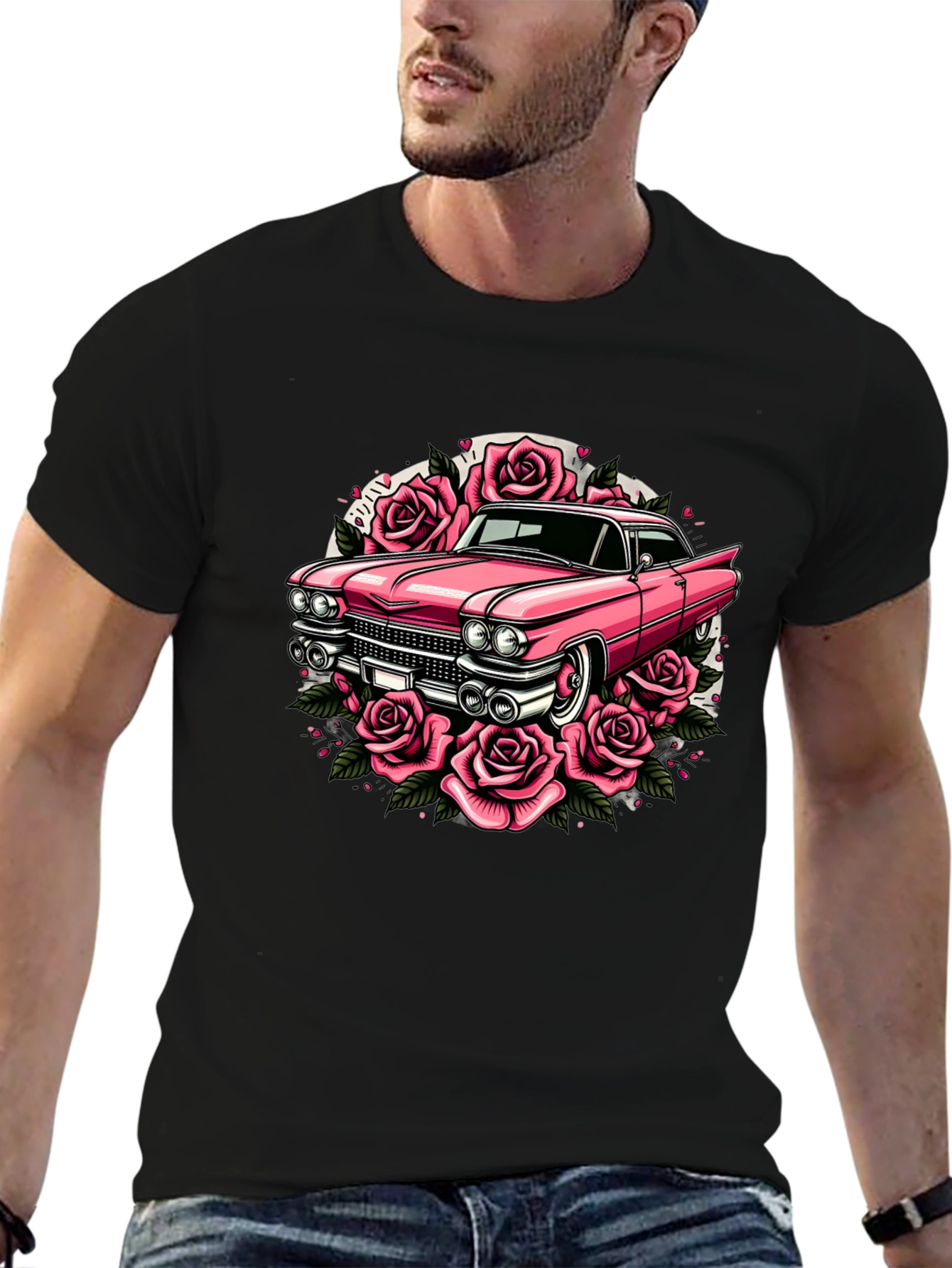 Retro Car & Roses Graphic T-Shirt - Classic Style