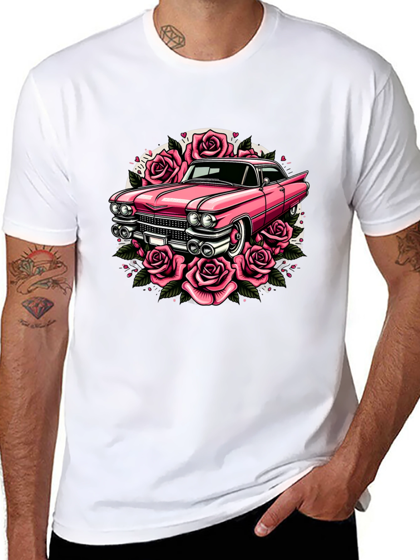 Retro Car & Roses Graphic T-Shirt - Classic Style