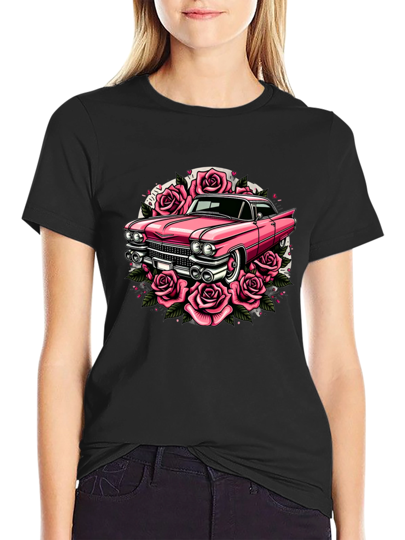 Retro Car & Roses Graphic T-Shirt - Classic Style