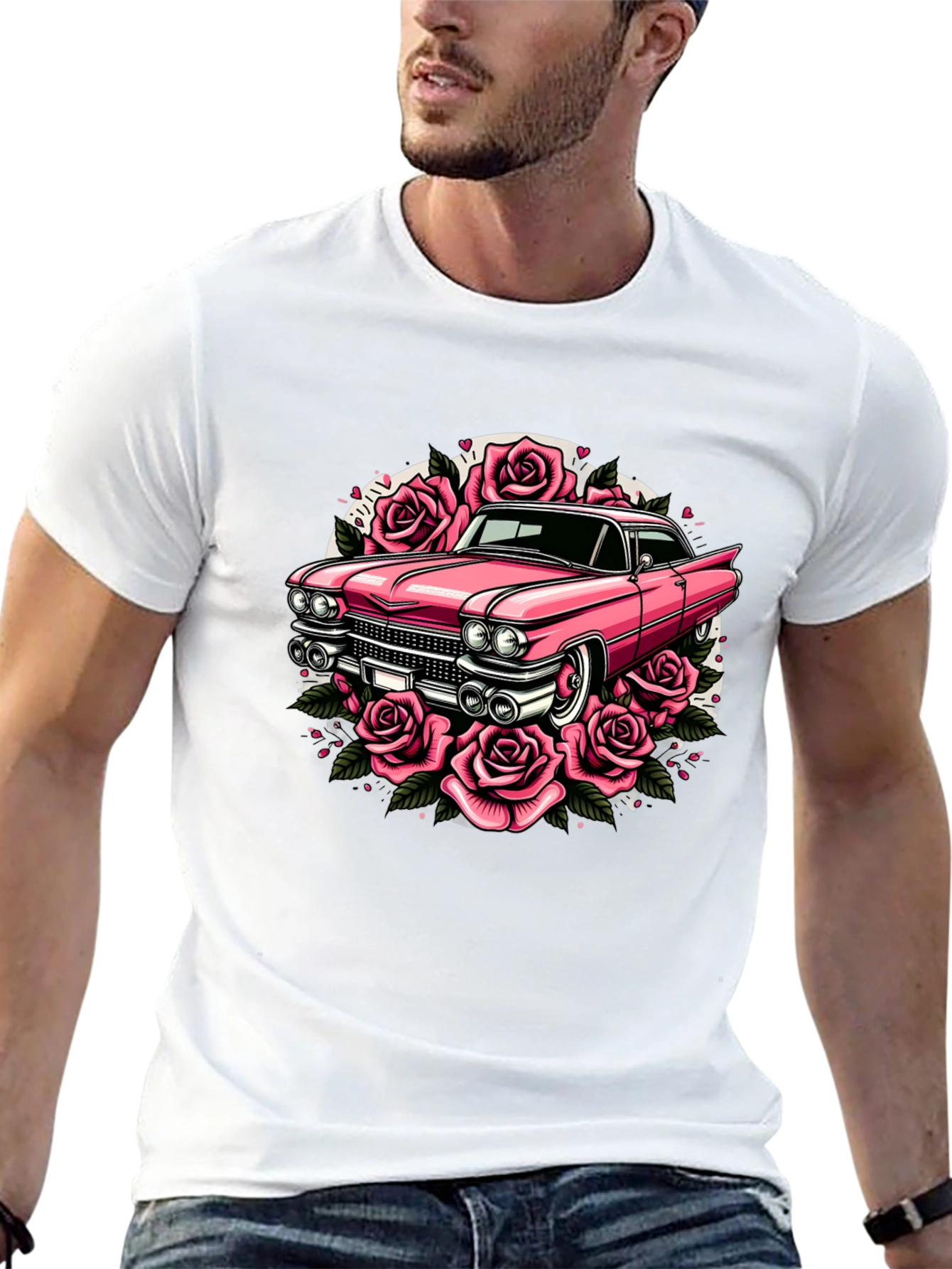 Retro Car & Roses Graphic T-Shirt - Classic Style