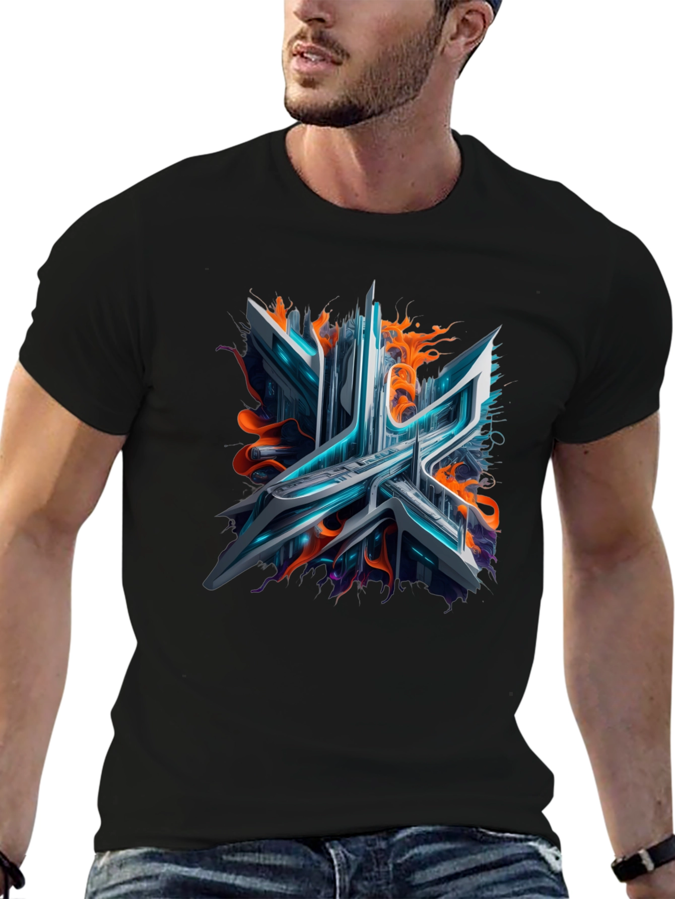 Cyberpunk Abstract Graphic Tee - Black
