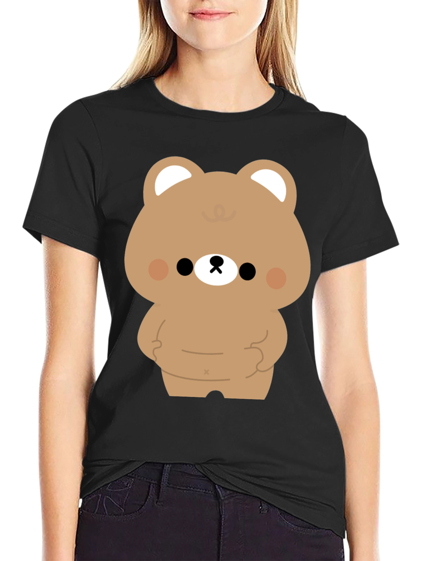 Cute Bear Graphic Print Black T-Shirt