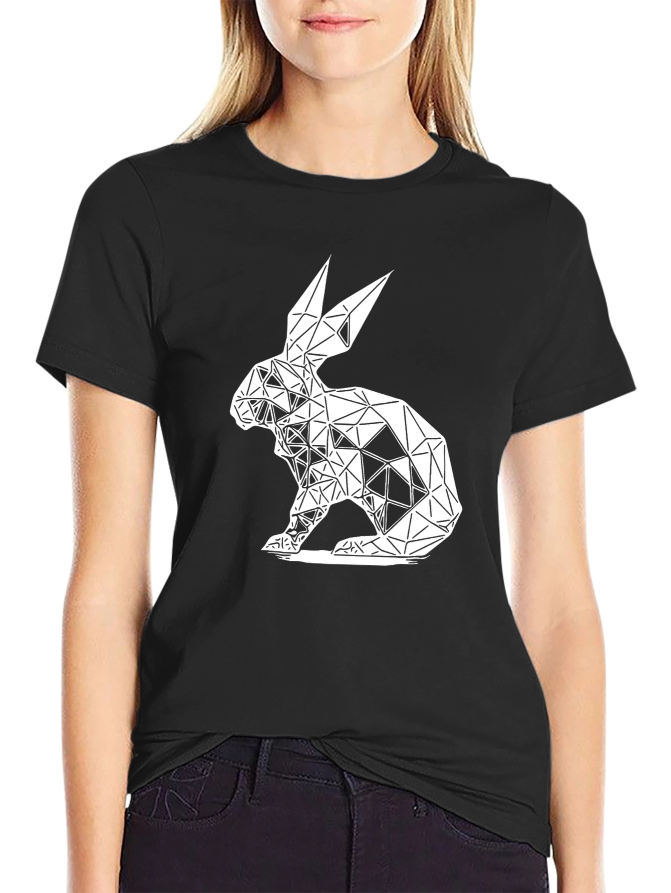 Geometric Rabbit Graphic Tee - Black Cotton Blend