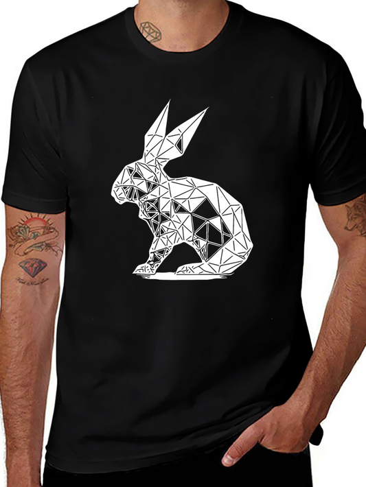 Geometric Rabbit Graphic Tee - Black Cotton Blend