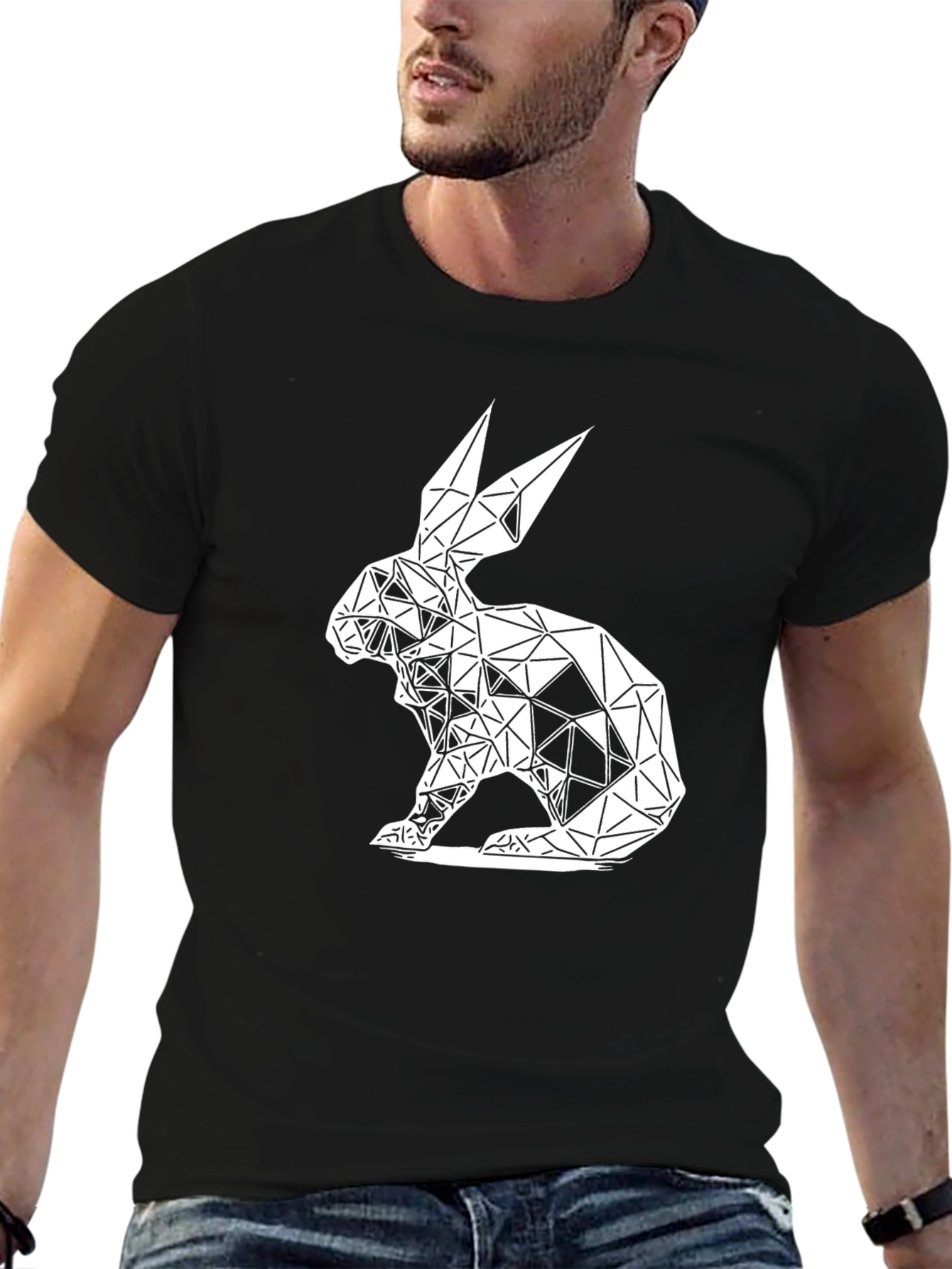 Geometric Rabbit Graphic Tee - Black Cotton Blend