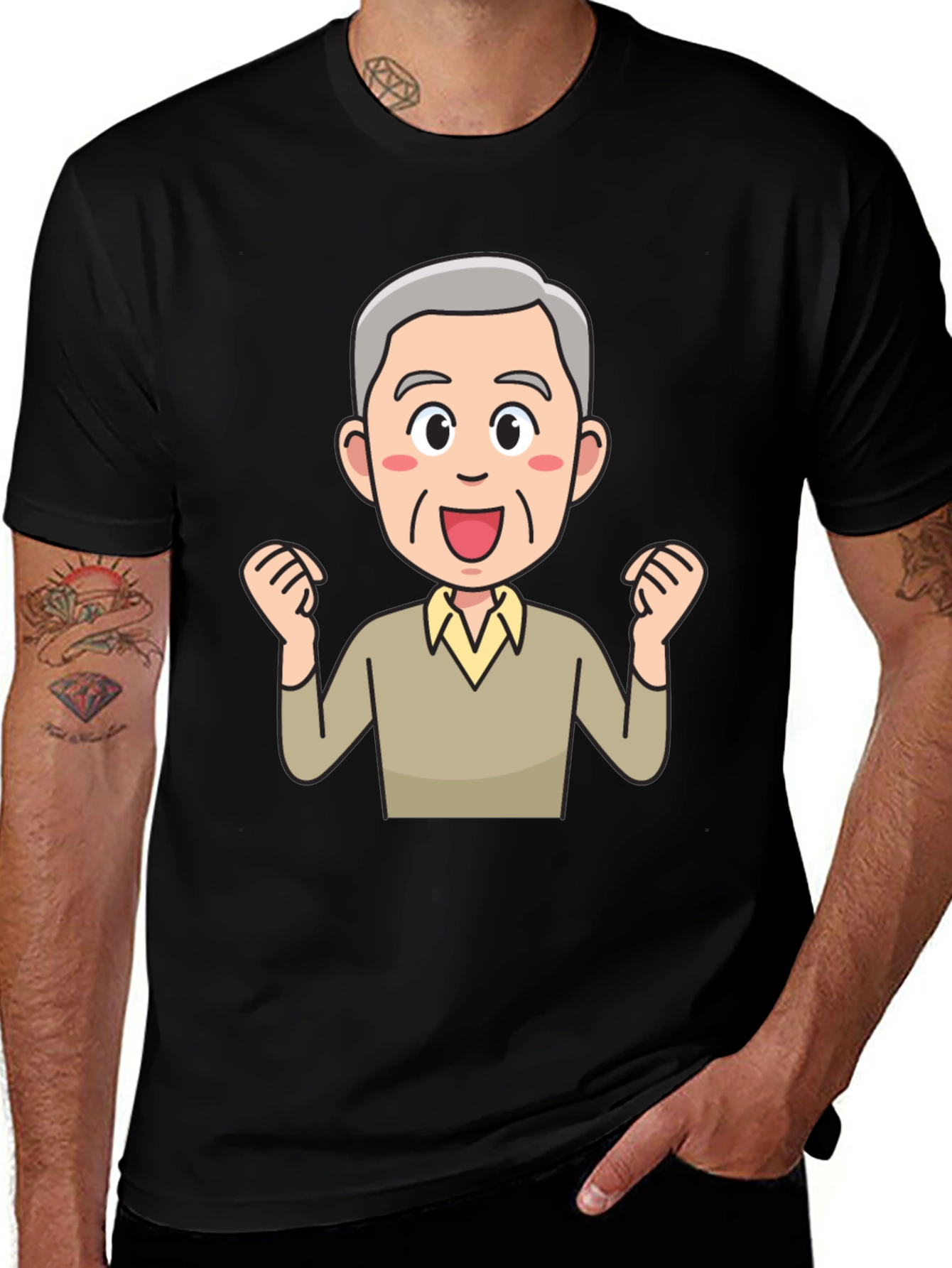 Cartoon Old Man Graphic Black T-Shirt