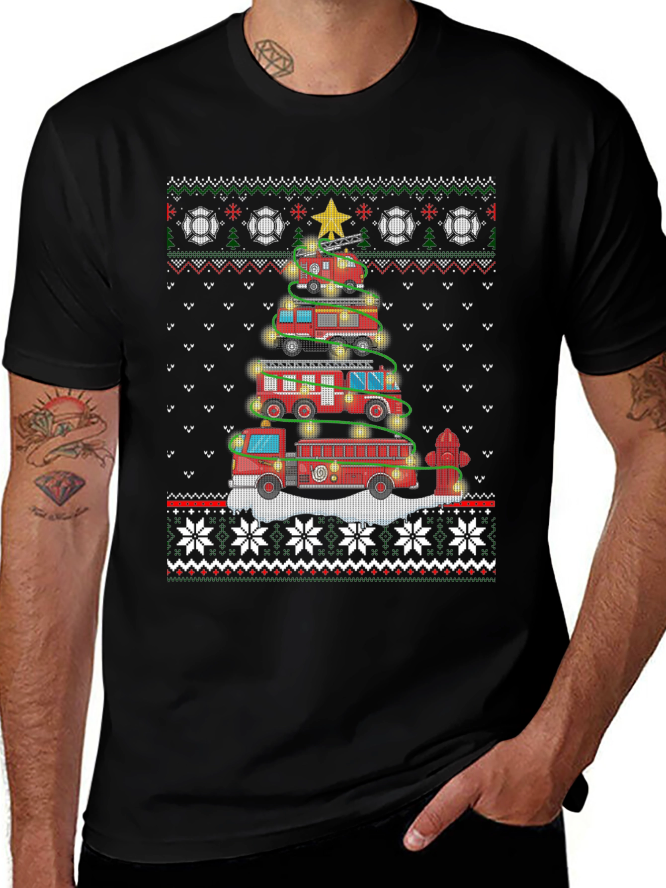 Festive Fire Truck Christmas Tree Sweater Design T-Shirt