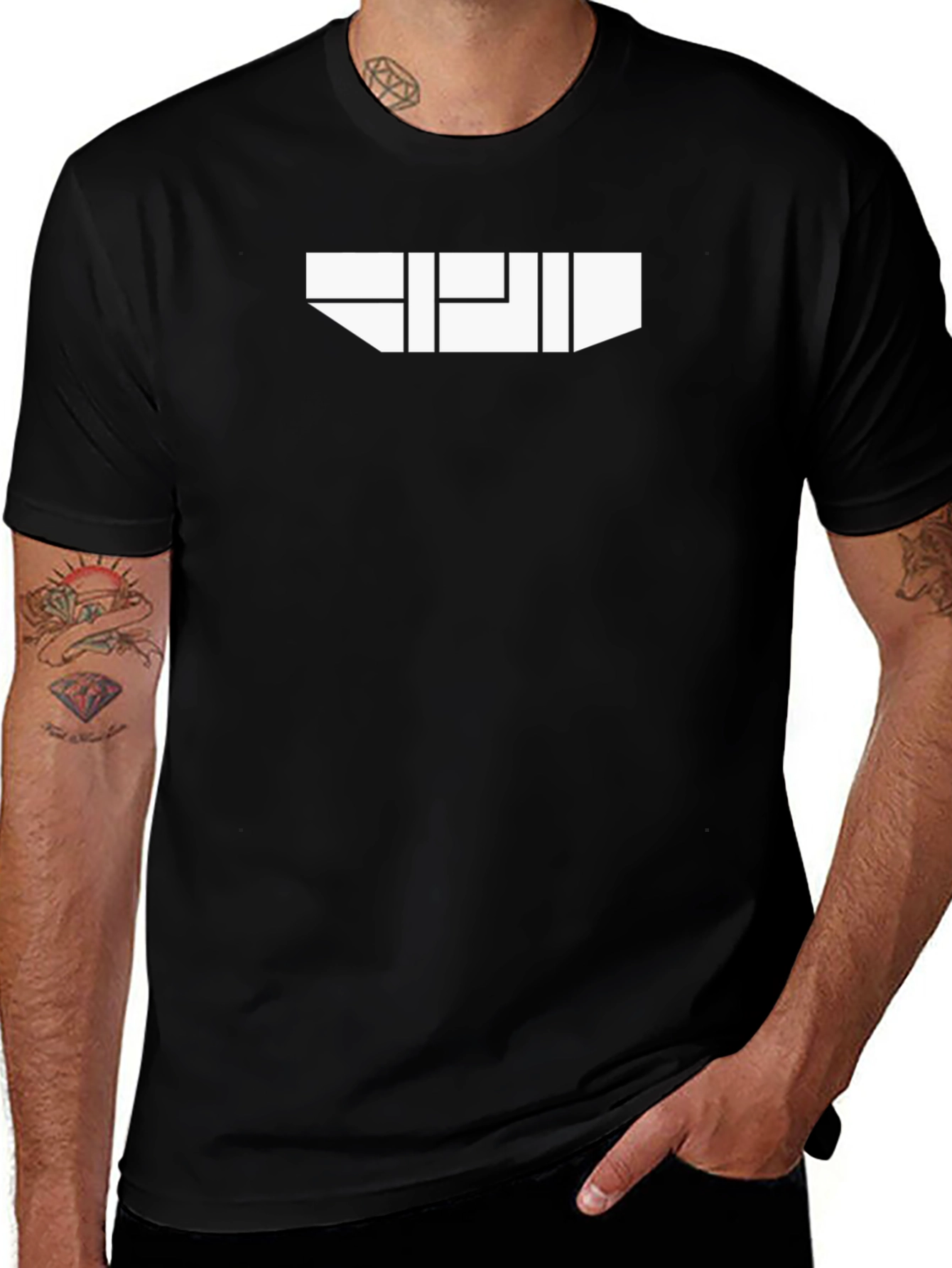 Geometric White Graphic on Black T-Shirt