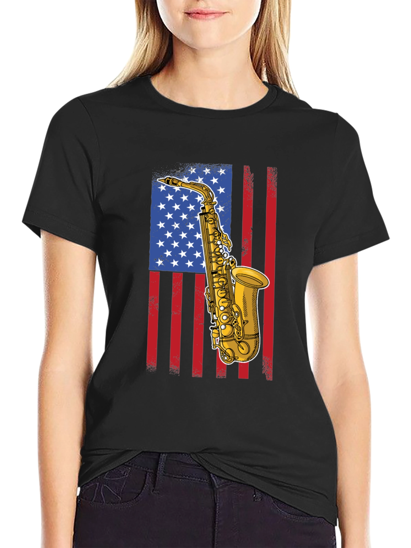 Saxophone American Flag Graphic Tee