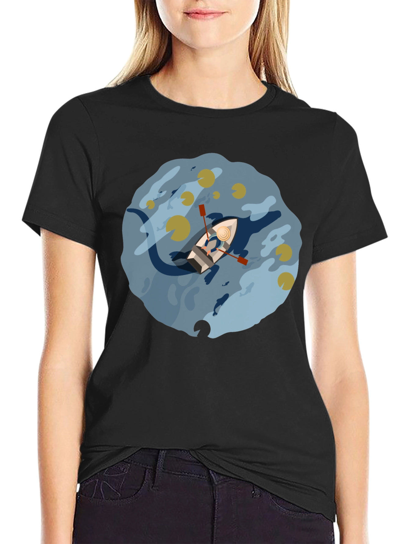 Rowboat Lake Graphic Tee - Black Cotton Comfort