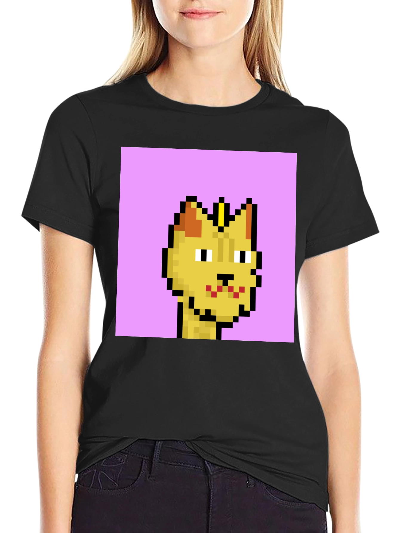 Pixel Cat Graphic Tee - Black Cotton T-Shirt