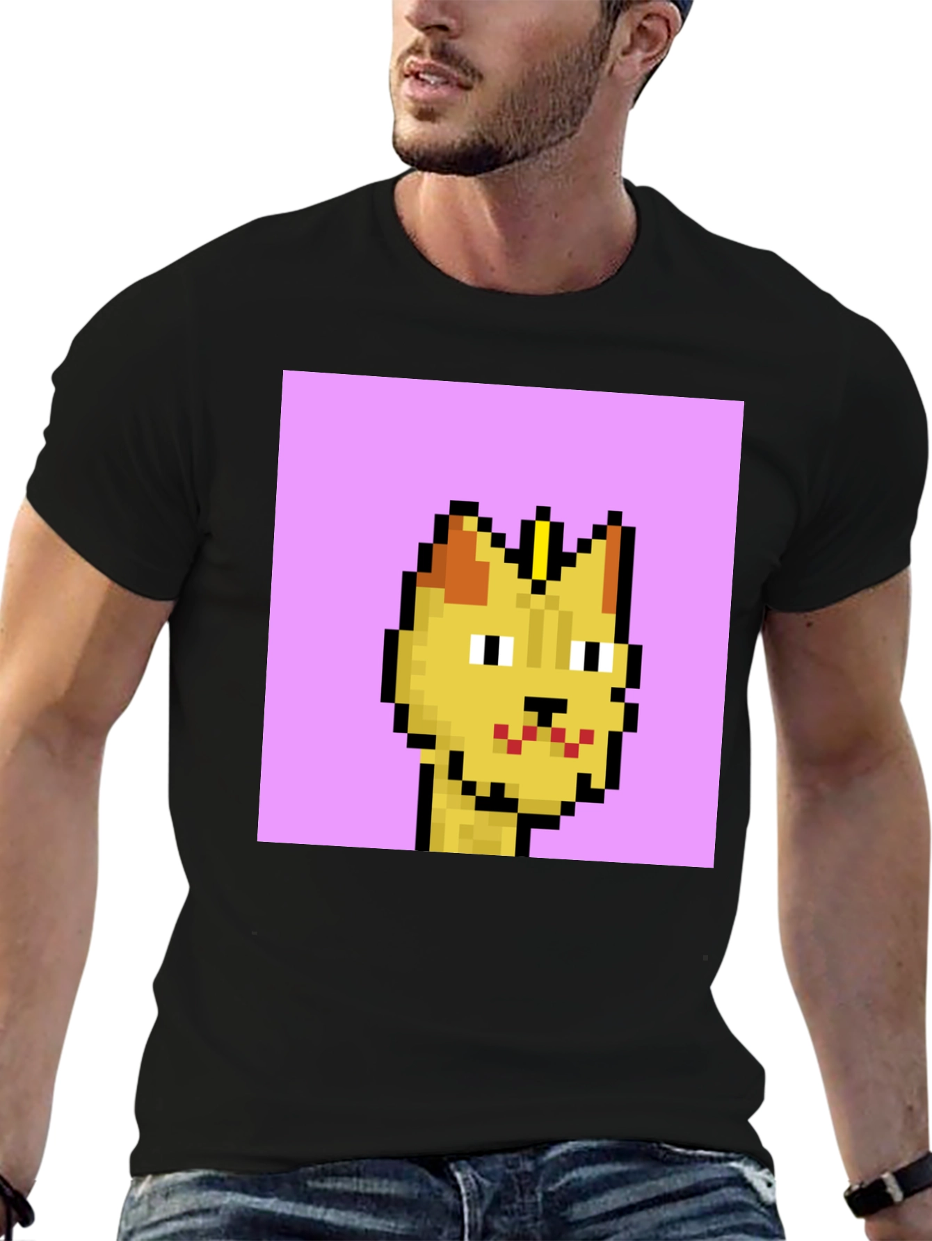 Pixel Cat Graphic Tee - Black Cotton T-Shirt