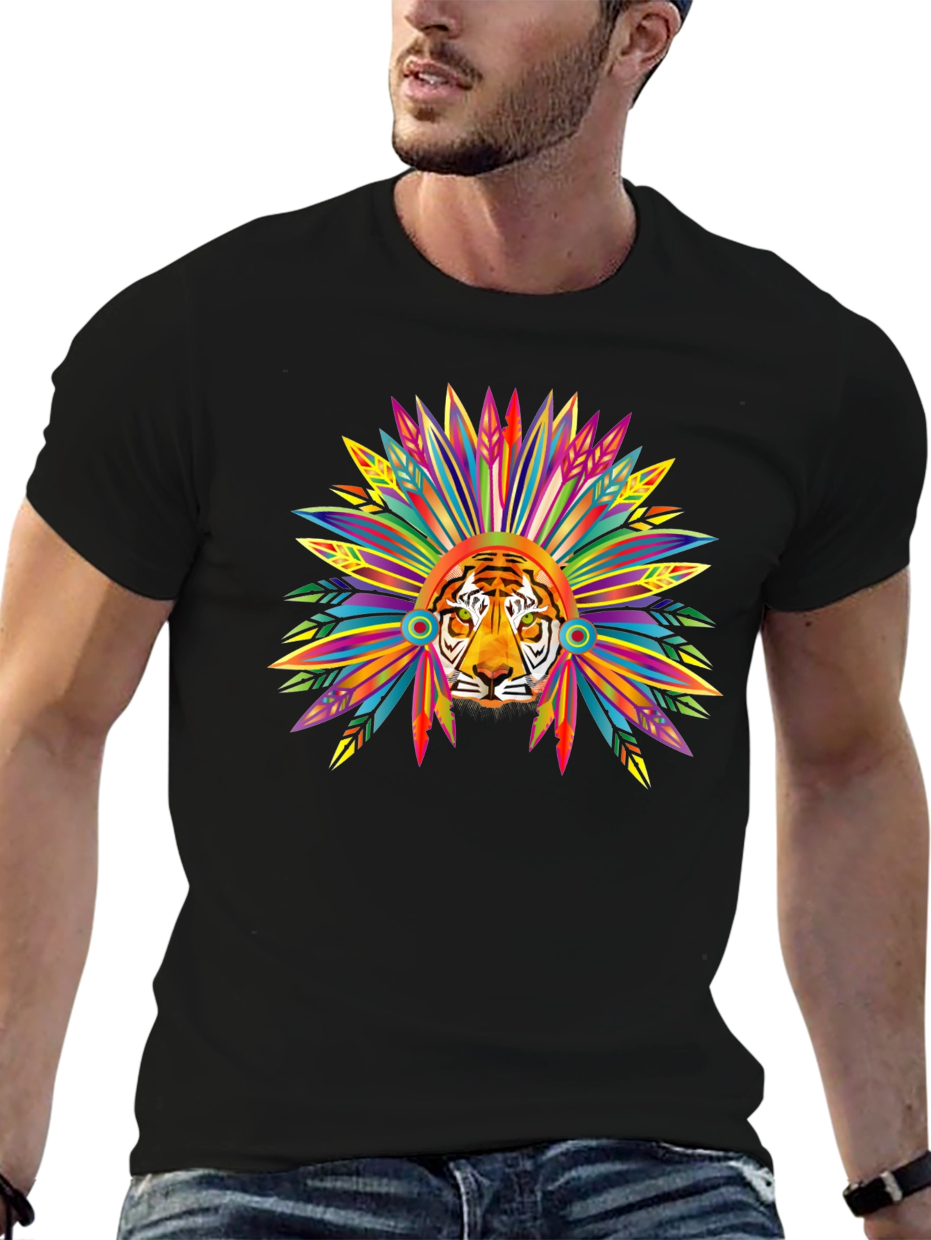 Tiger Headdress Graphic T-Shirt - Bold Tribal Style