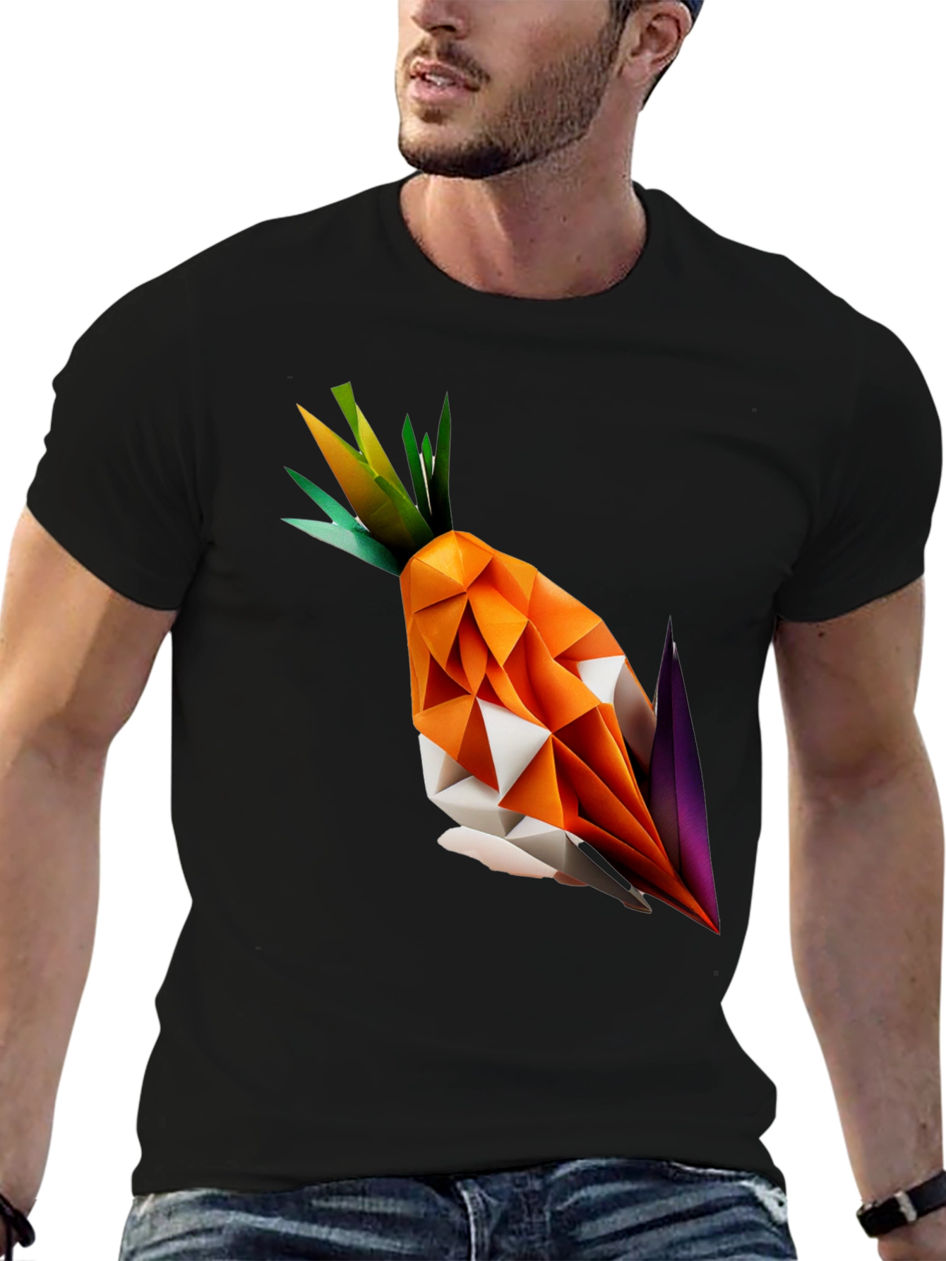 Geometric Origami Carrot Black T-Shirt