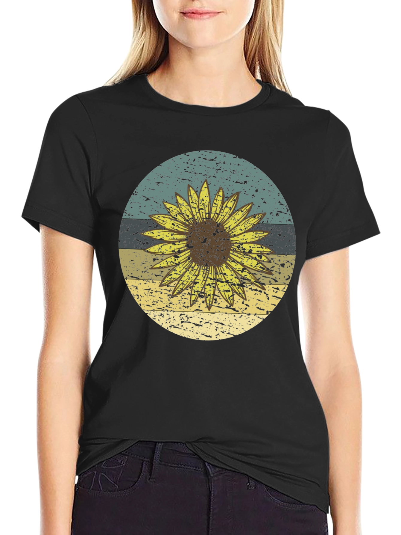 Retro Sunflower Graphic Tee - Black