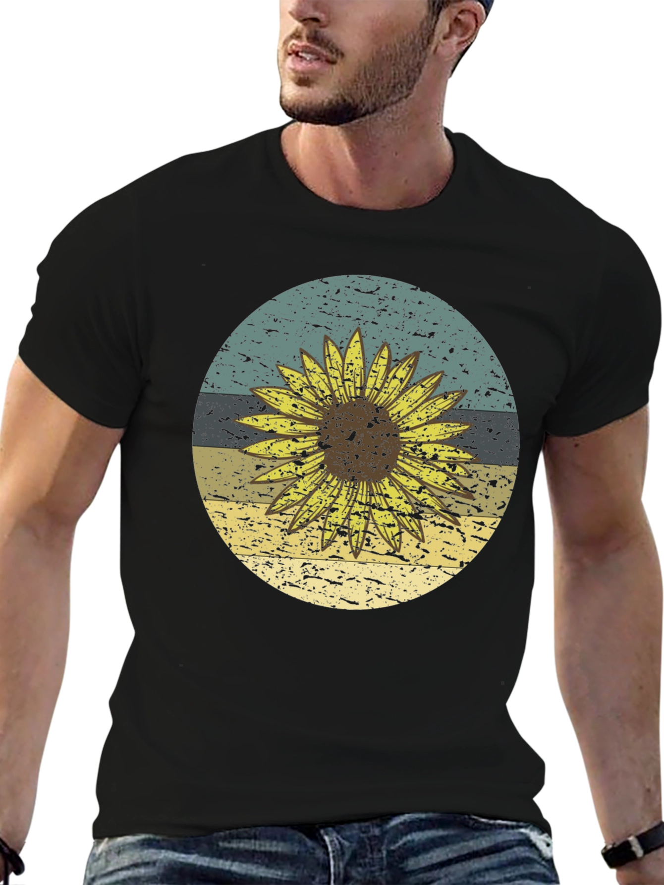 Retro Sunflower Graphic Tee - Black