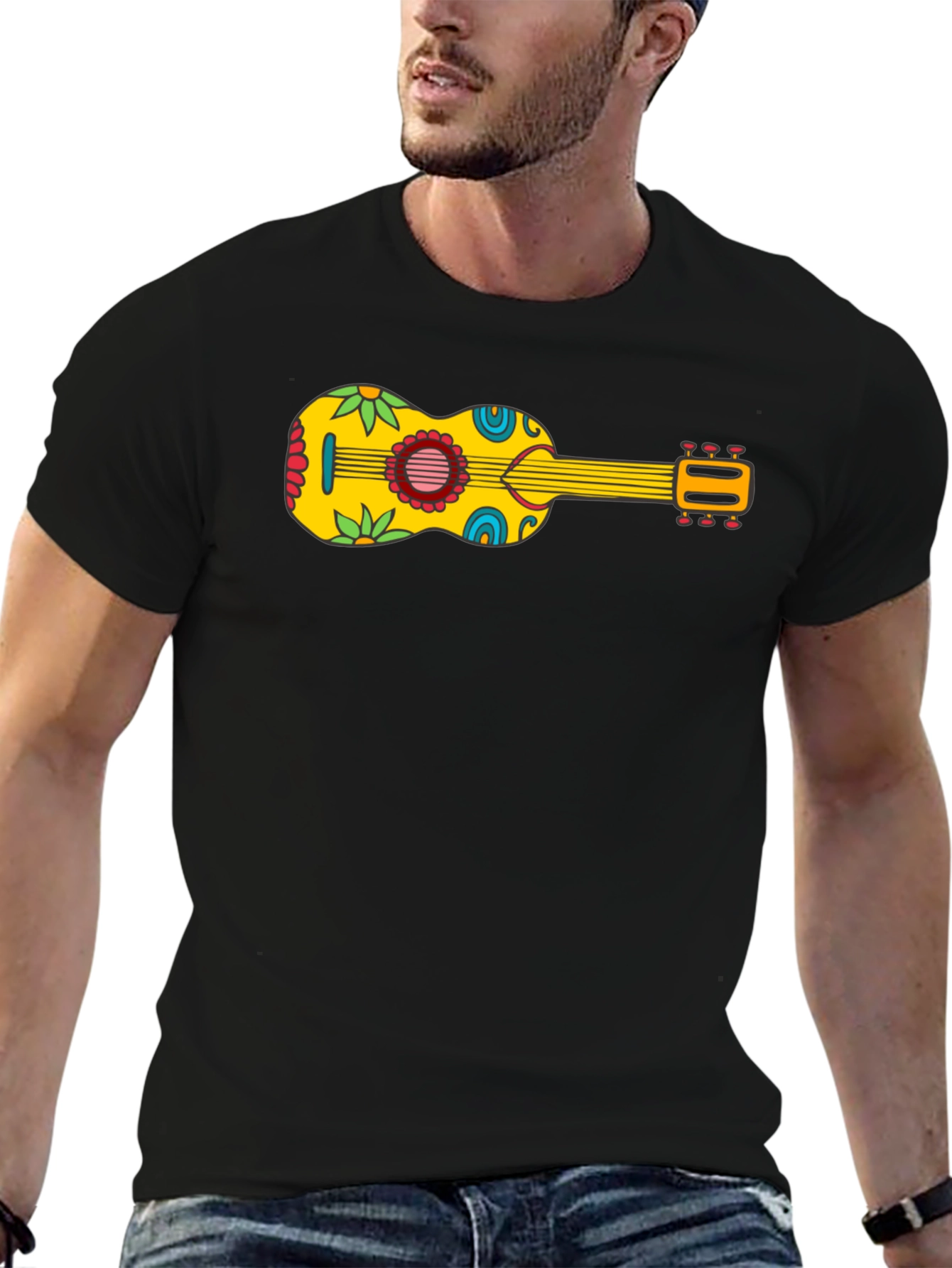 Funky Floral Guitar Graphic Tee - Black