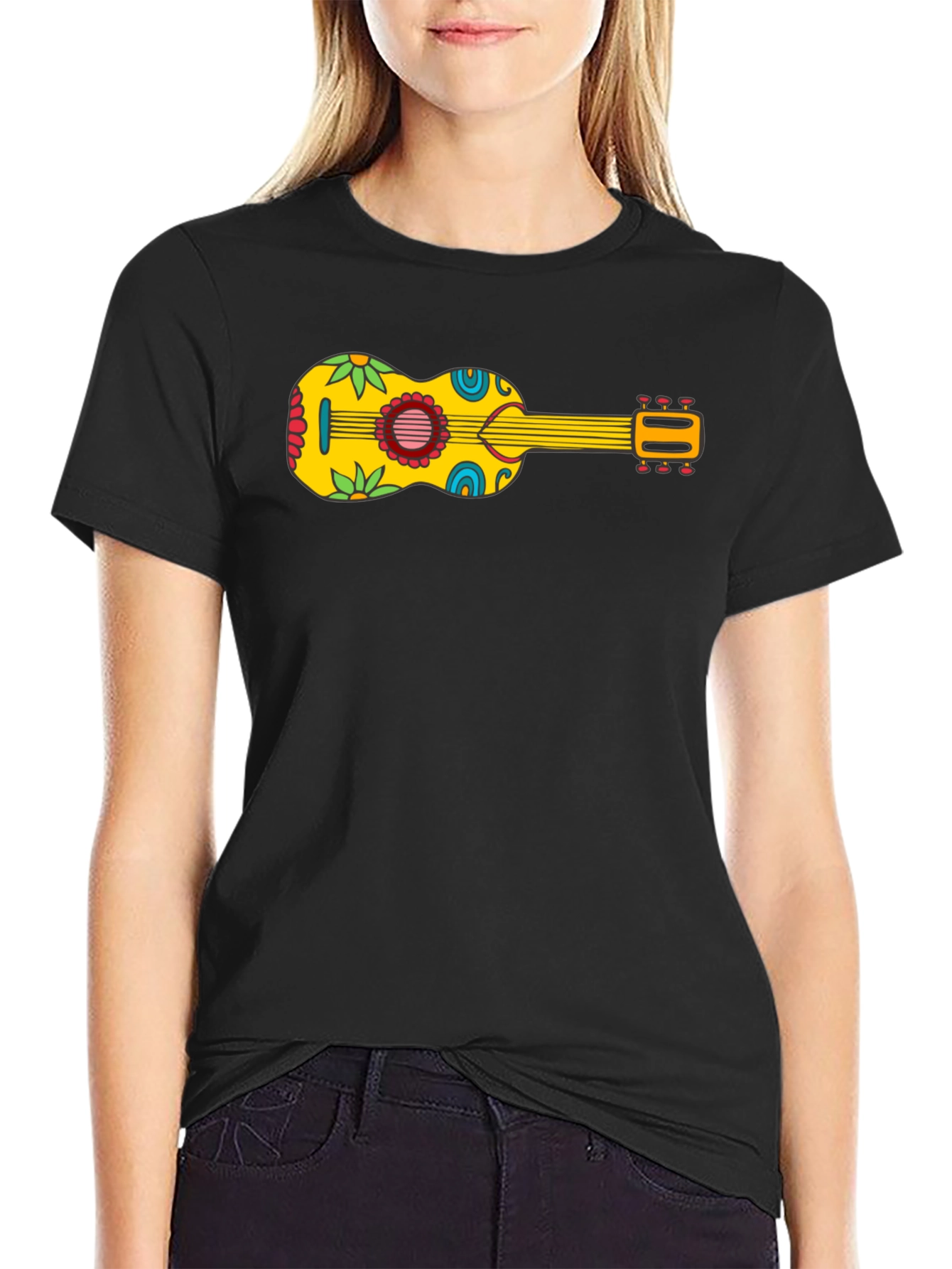 Funky Floral Guitar Graphic Tee - Black