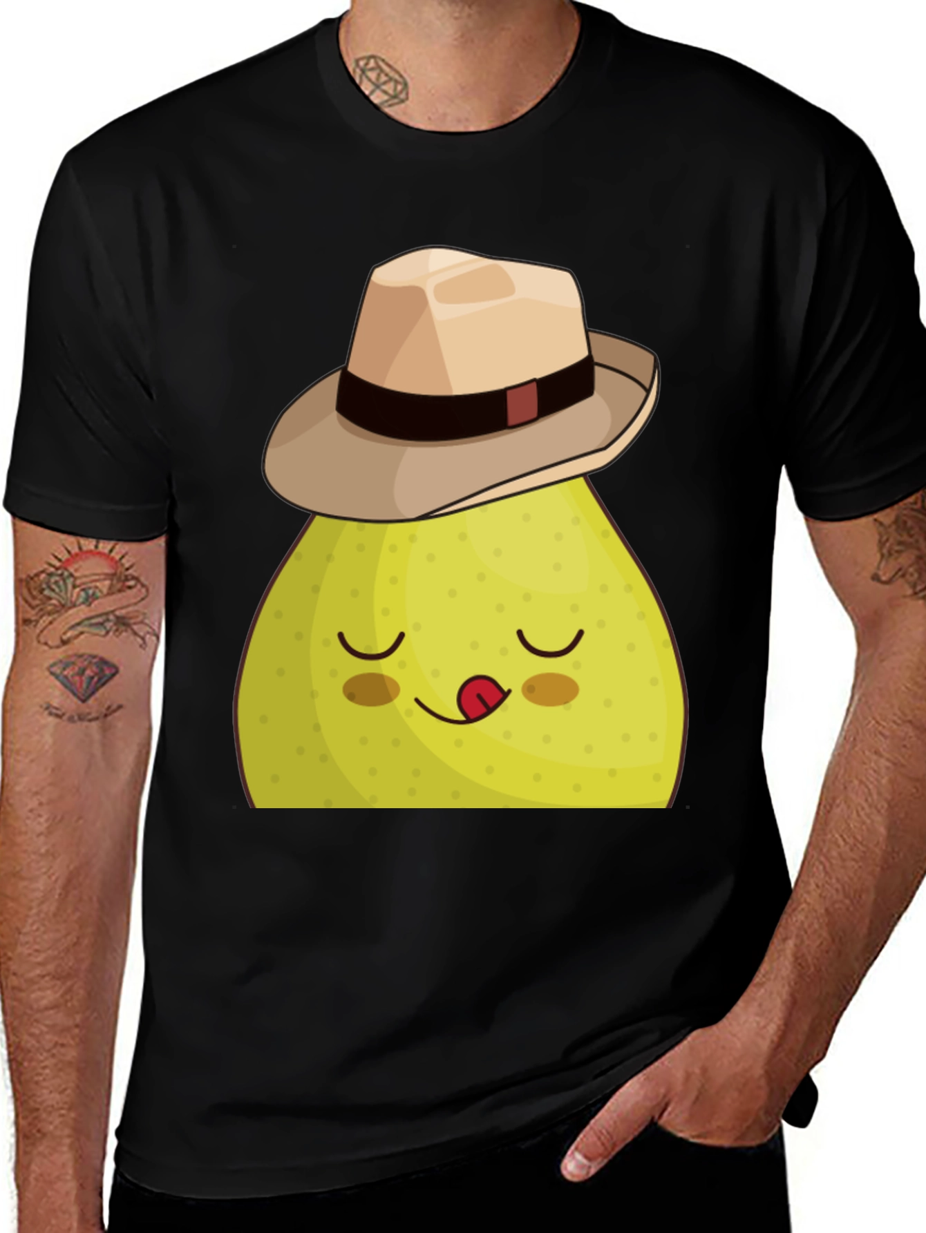 Funny Pear with Hat Graphic Tee - Black