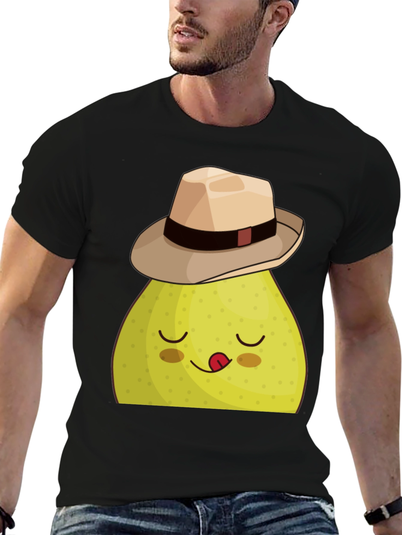 Funny Pear with Hat Graphic Tee - Black