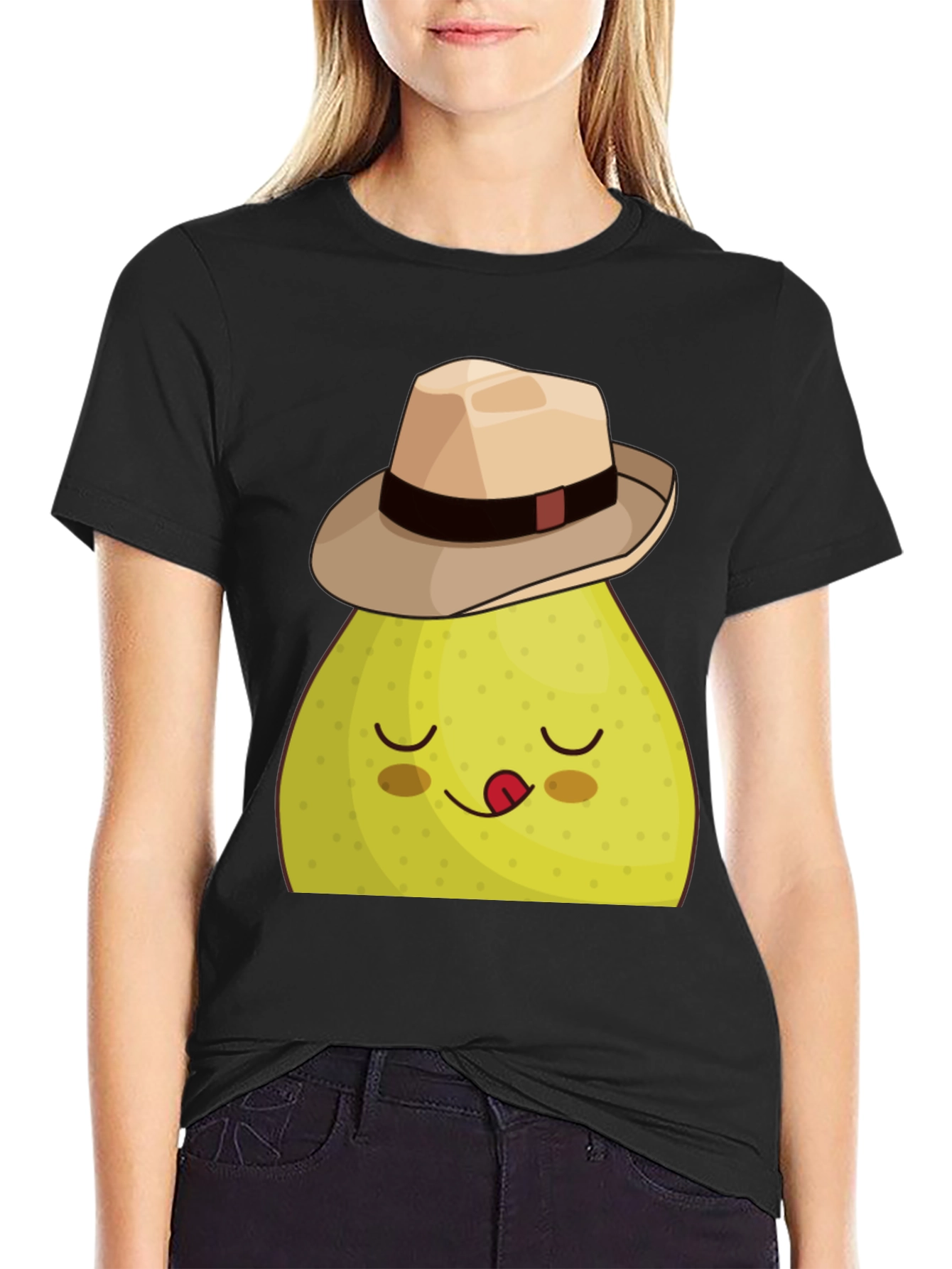 Funny Pear with Hat Graphic Tee - Black