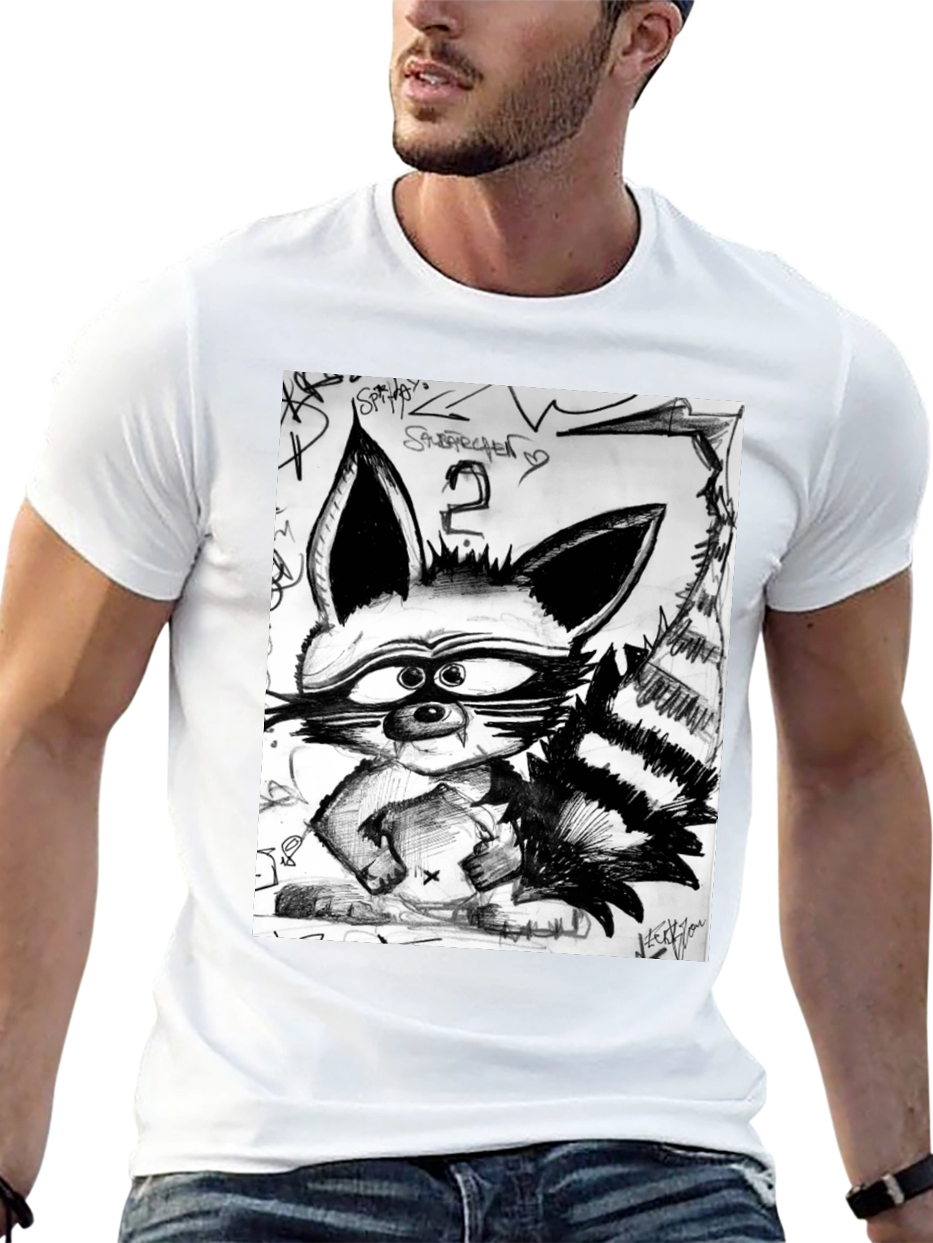 Raccoon Sketch Graphic Tee - Urban Style Black T-Shirt