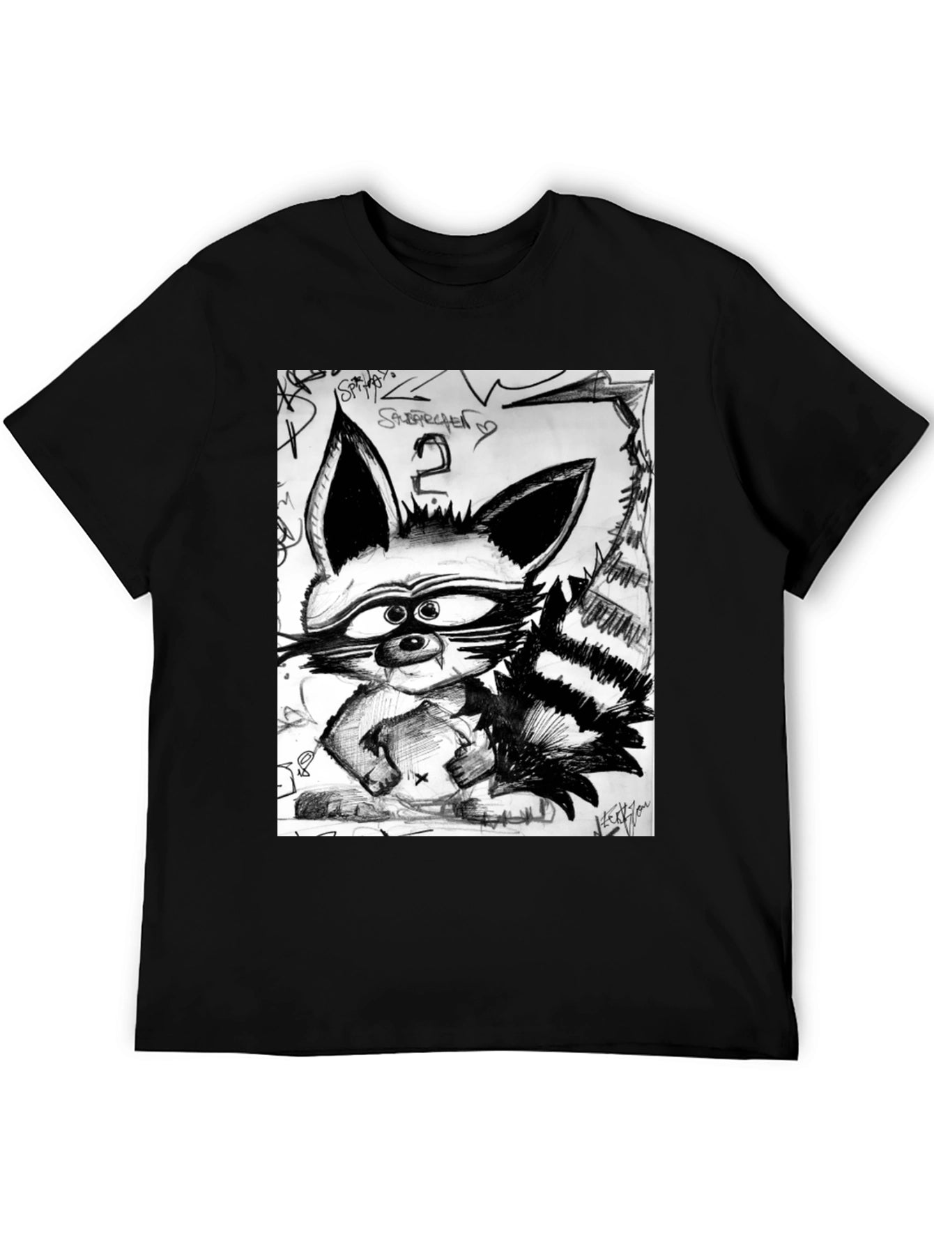 Raccoon Sketch Graphic Tee - Urban Style Black T-Shirt