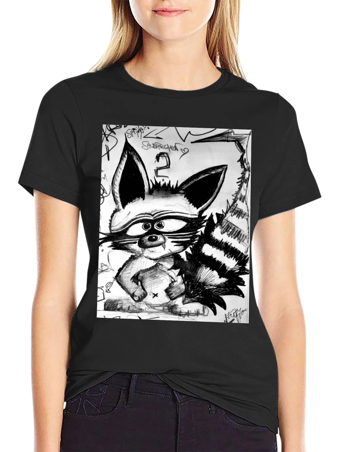 Raccoon Sketch Graphic Tee - Urban Style Black T-Shirt
