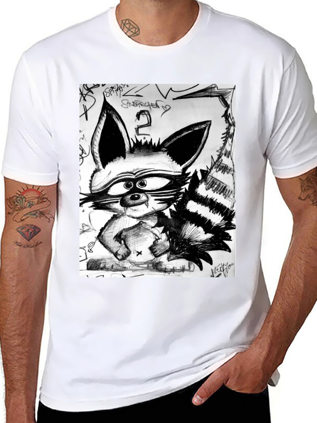 Raccoon Sketch Graphic Tee - Urban Style Black T-Shirt
