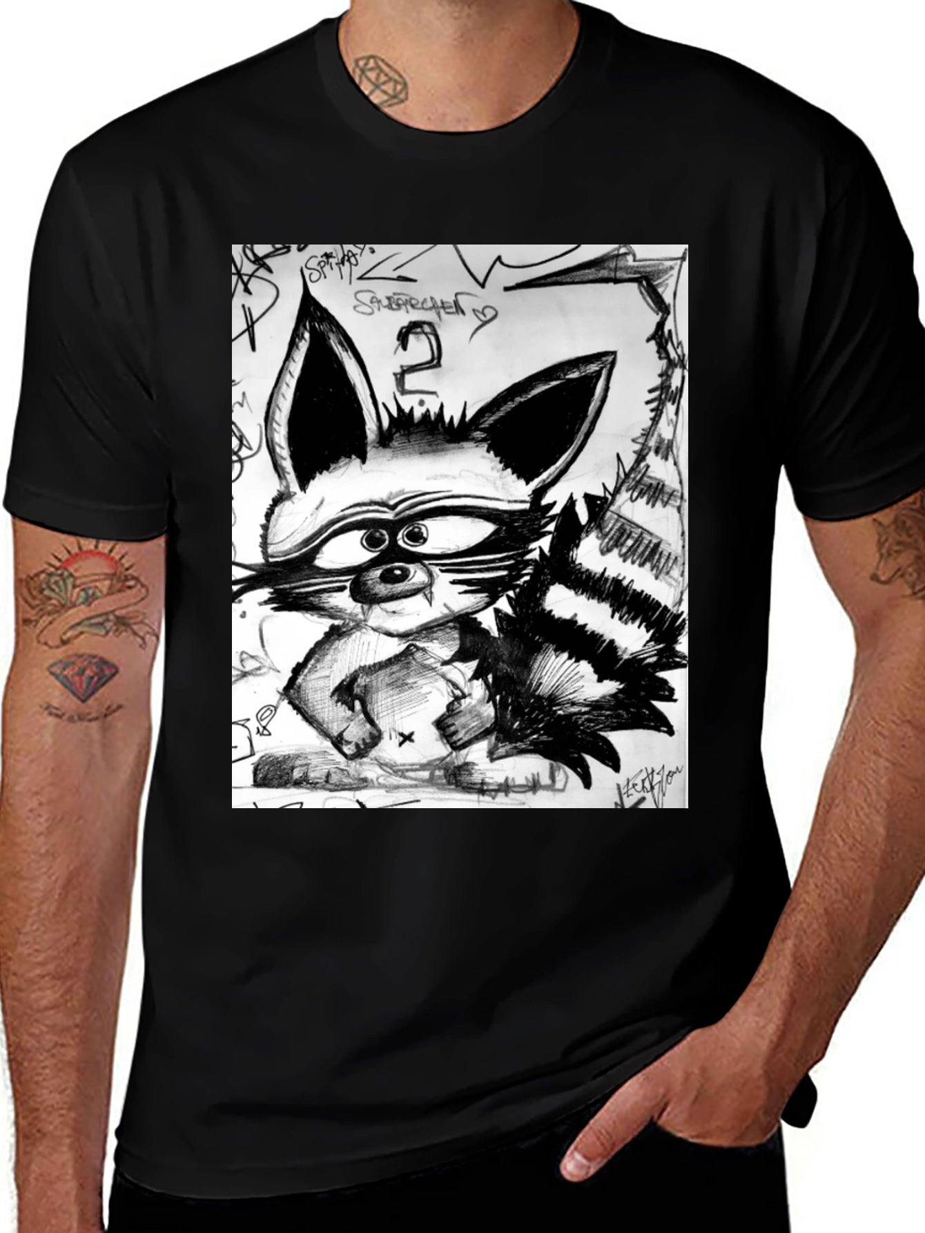 Raccoon Sketch Graphic Tee - Urban Style Black T-Shirt