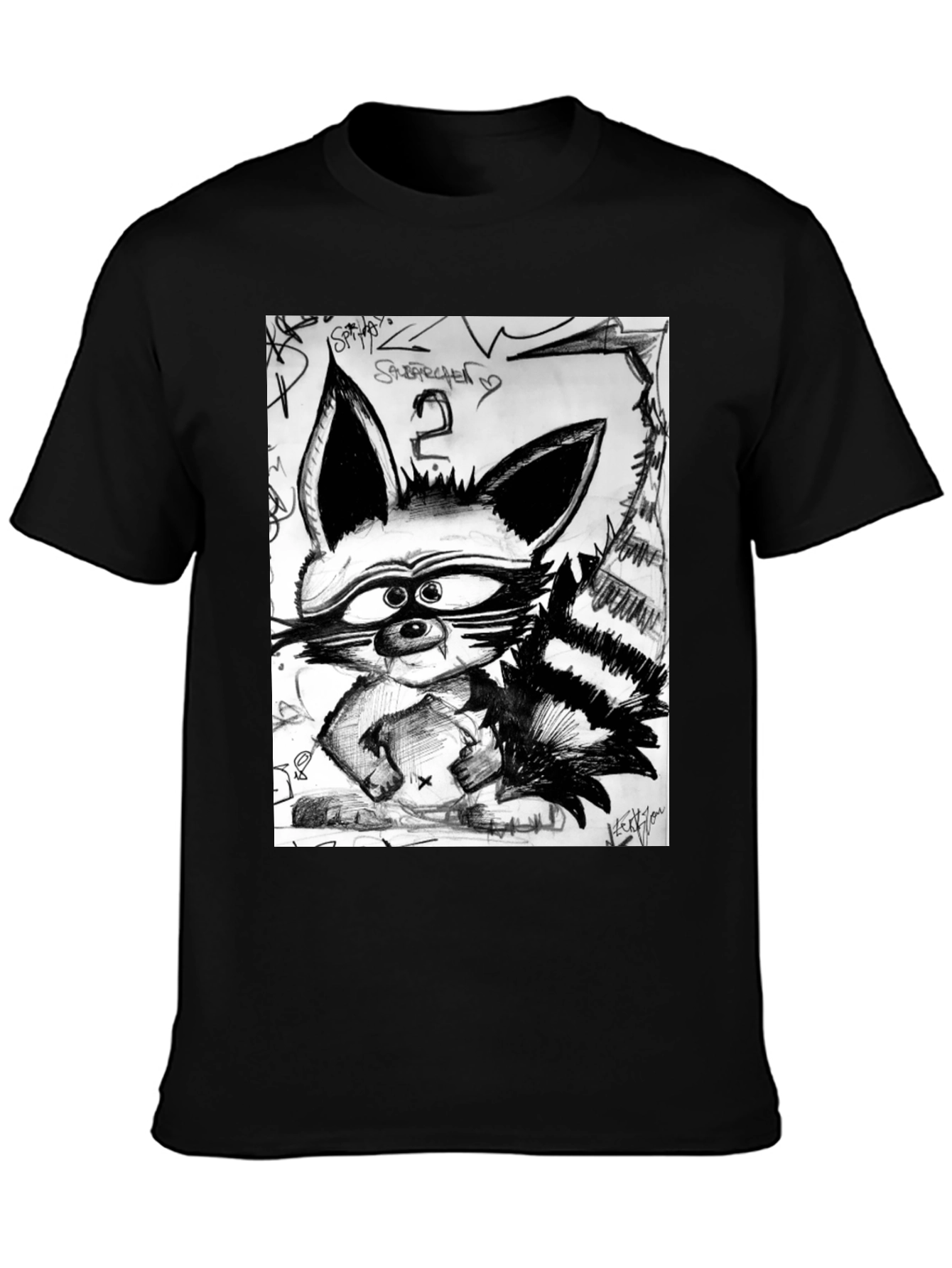 Raccoon Sketch Graphic Tee - Urban Style Black T-Shirt
