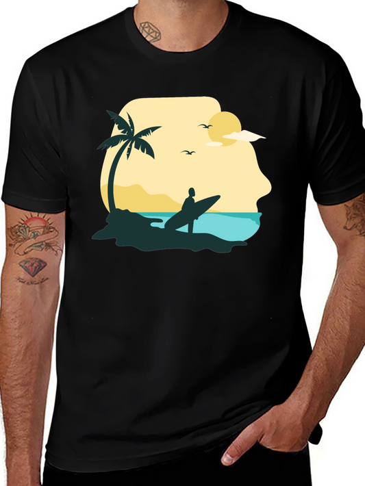 Beach Surfer Graphic Tee - Black Cotton T-Shirt