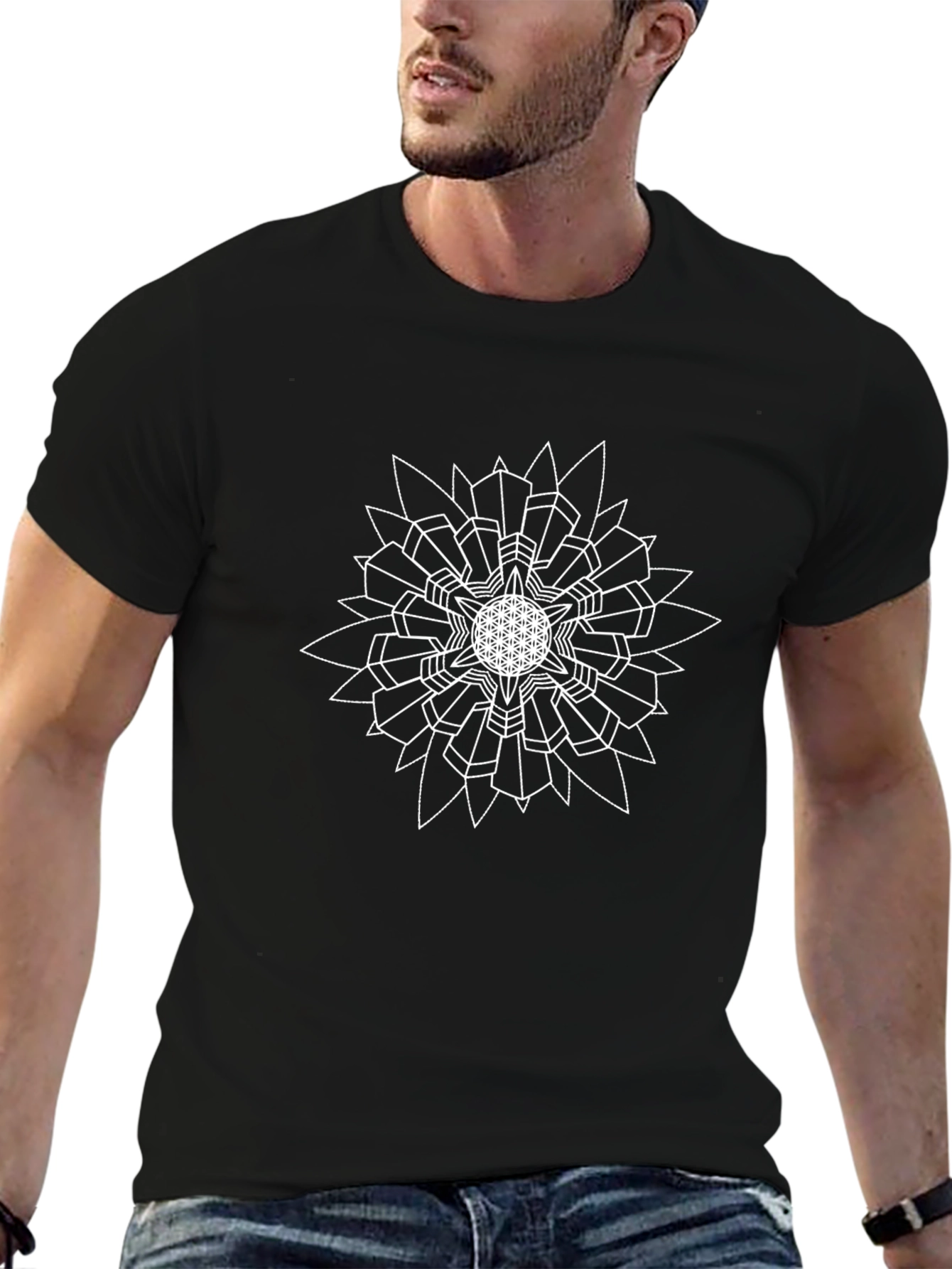 Geometric Flower of Life T-Shirt - Black