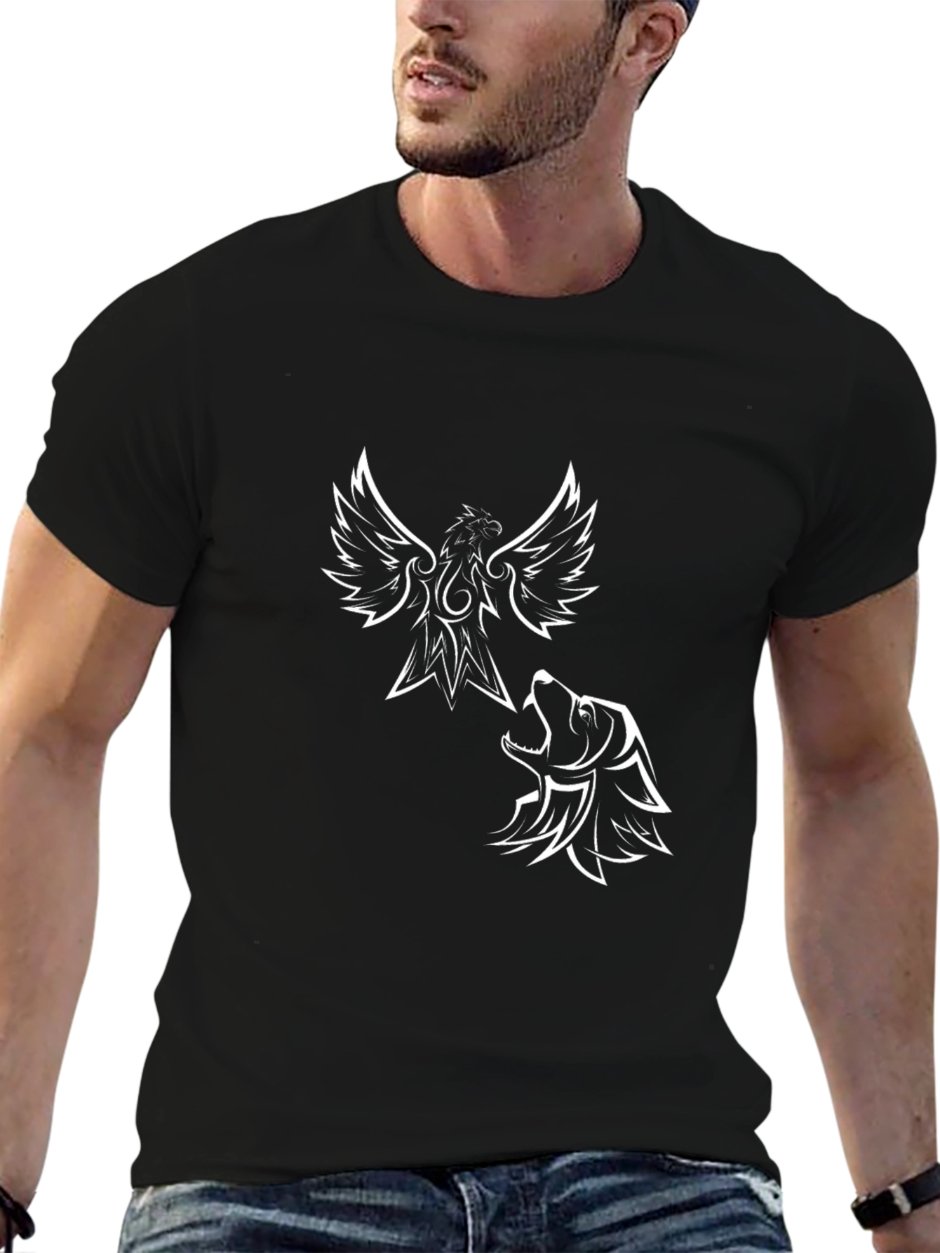 Phoenix & Wolf Graphic Print Black T-Shirt