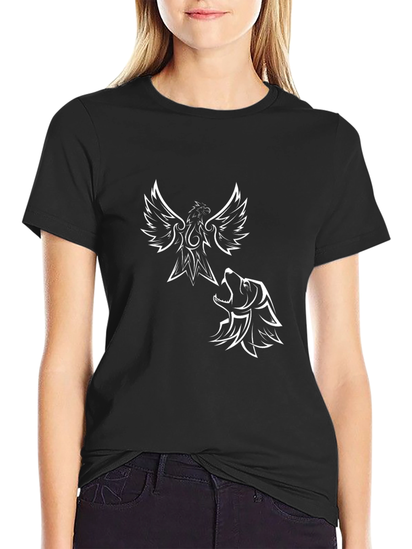 Phoenix & Wolf Graphic Print Black T-Shirt